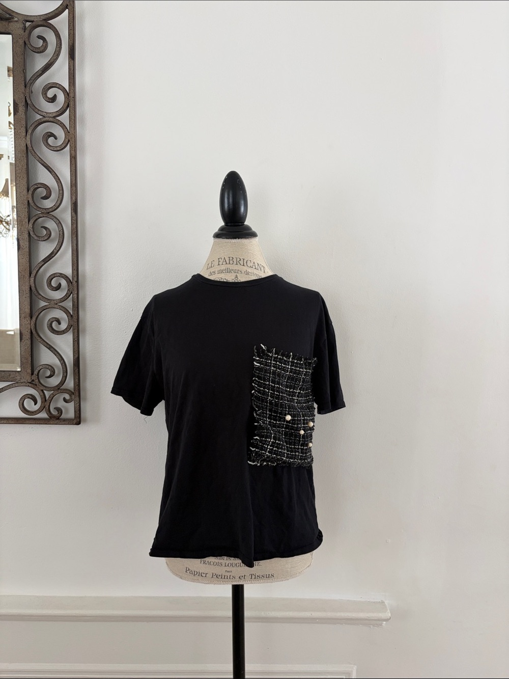 Zara Black Short-Sleeve Tee with Tweed Pocket Detail